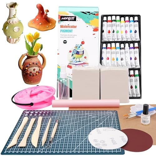 JelyArt Lufttrocknender Ton Töpferset für Erwachsene | Lufttrocknender Töpferset Weißer Ton (2x 500g) mit 24 Acrylfarben DIY Keramik Set – Kreatives Bastelset für Zuhause
