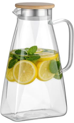 AMOJA 1,8L Glaskaraffe mit Deckel, Wasserkaraffe für Kühlschranktür | Borosilikatglas Wasserkrug mit Griff, Kühlschrankkrug Glaskrug für Heißes/Kaltes Wasser, DIY Getränke, Eistee Glaskanne