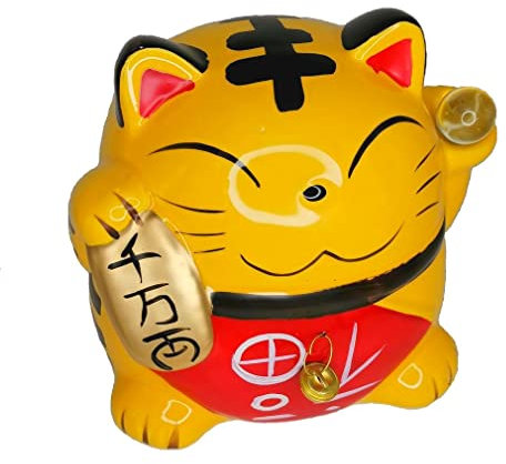 lachineuse - Katze Maneki Neko gelb – Figur Figur japanische Katze Glücksbringer – Objekt Kawaii Deko – Lucky Cat Porzellan 15,5 cm – süße asiatische Katze – Glück, Glück und Glück