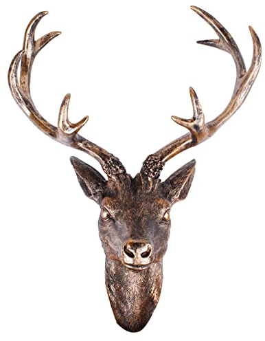 LINDER Hirschgeweih Hirschkopf Geweih 10-Ender in Bronze-Optik, Wanddeko für Wohnzimmer, 51 x 60 cm
