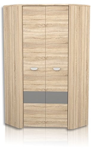FORTE YOOP Eckschrank 95 100, Eckkleiderschrank Industrial Jugendzimmerschrank 2-türig mit Einlegeböden und Kleiderstange, Sonoma Eiche / Grau Matt, 97.5 cm breit x 194 cm hoch x 97.5 cm tief