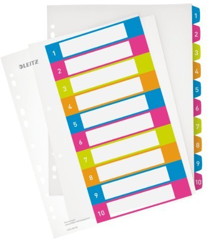 Leitz 12430000 WOW Zahlen Plastikregister 1-10, A4, 10 Blatt, PP, farbig (5er Spar-Pack)