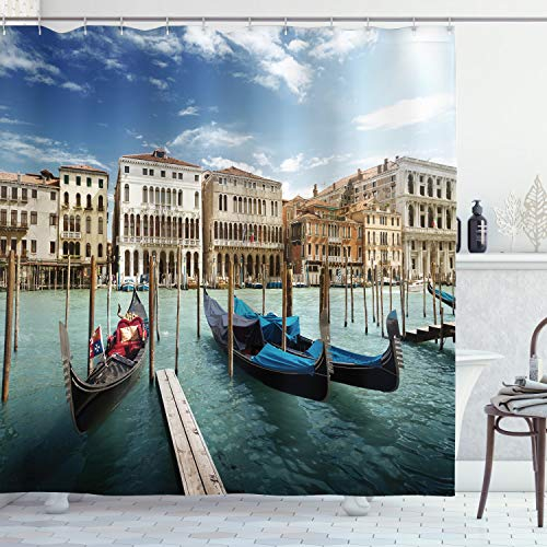 ABAKUHAUS Italien Duschvorhang, Gondeln Lagune von Venedig, Stoffliches Gewebe Badezimmerdekorationsset mit Haken, 175 x 200 cm, Grün Blau Weiß