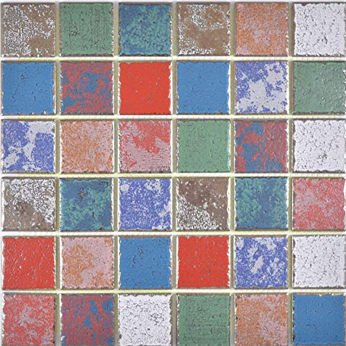 Mosaikfliese Keramikmosaik bunt Retro Vintage Küche Fliesenspiegel Rückwand rot blau grün weiss Thekenverkleidung | 10 Mosaikmatten