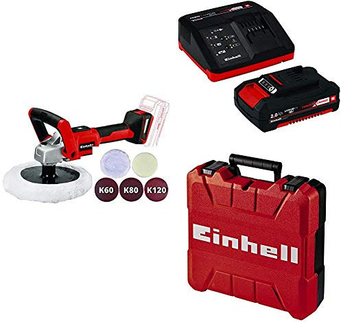 Einhell 2093320 Lucidatrice/levigatrice a Batteria, Rosso, Nero + Power-X-Change Starter Kit(Batteria e Caricabatteria) + Valigetta Universale