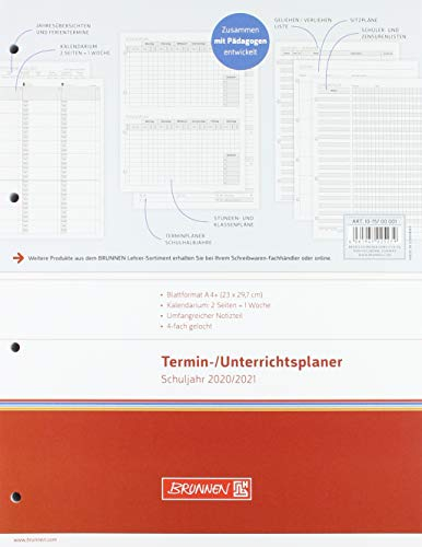 BRUNNEN 1075700001 Wochen-Ersatzkalendarium/Lehrerkalender, Termin- & Unterrichtsplaner 2020/2021, 2 Seiten = 1 Woche , Überformat A4: 23 x 29,7 cm