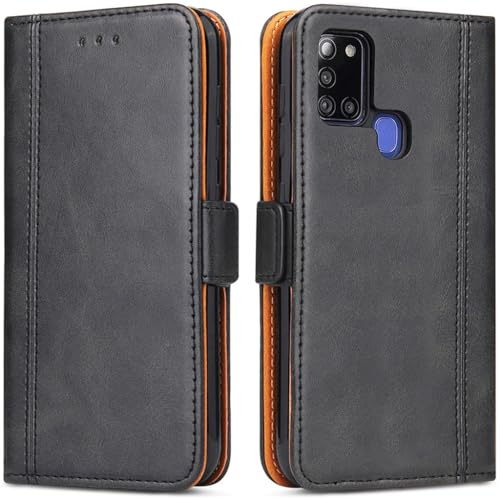 Handyhülle für Samsung Galaxy A21s, Lederhülle mit Kartenfächer, Handytasche mit Standfunktion, Klapphülle Tasche für Samsung Galaxy A21s (Schwarz)