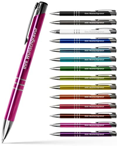 #teamludorf 100x Metall-Kugelschreiber mit Wunsch-Gravur - Personalisierte Kulis - Stift mit Namen - 14 Farben & 20 Schriftarten - 100 Stück - Pink