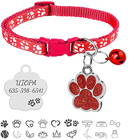 Uiopa Katzenhalsband, Hundemarke mit Gravur, Hundehalsband mit Name Katzenhalsband mit Glöckchen, Halsband Katze Katzen Halsbänder für Hauskatzen, Kleine Hund, Verstellbar 19-32cm (Rot)