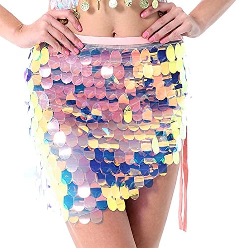 Larancie Paillettenrock Bauchtanz Hüftrock Schal Dreieck Mini Rock Pailletten Wrap Party Rave-Kostüm für Frauen und Mädchen Bauchtänzerin Halloween (Rosa)