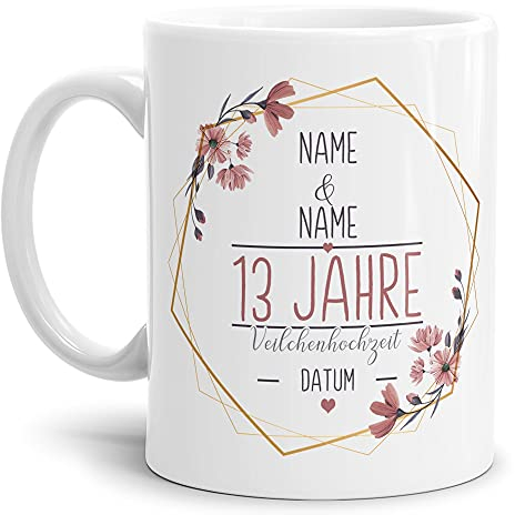 Tasse zum Hochzeitstag Veilchen Hochzeit - mit Name & Datum selbst gestalten - 13 Jahre Ehe, Paar, Geschenk Hochzeit, Jubiläum, Jahrestag I Personalisiert, Keramik Weiß 300 ml