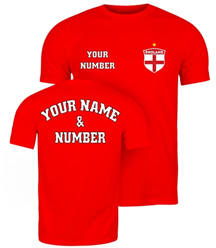 lepni.me Mens Personalised T-Shirt England Football Jersey with Your Name and Number | English Flag Badge | Football Championship (XL Red Multi Color)