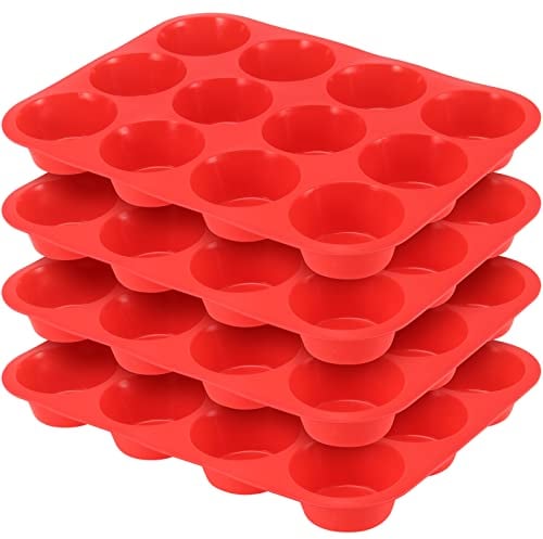 ZEONHAK 4 Pack 12 Cups Silicone Muffin Baking Trays, Red Non-Stick Silicone Cupcake Pans Tins for Baking, Pudding, Cup Size 1.2 x 2.5 inch