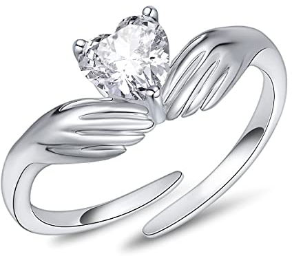 FOREVER QUEEN Damen Ringe Einstellbar Hüte dein Herz Rings 925 Sterling Silber Umarmung Ringe für Frauen April Geburtsstein Ringe