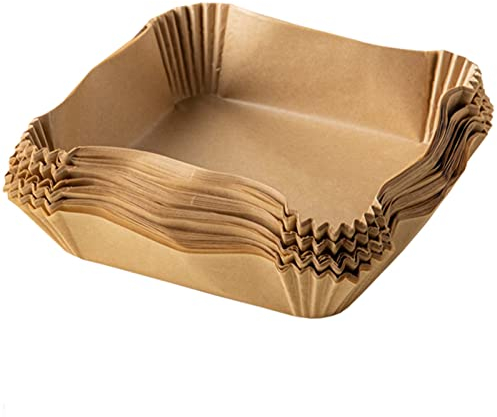 100PZ Quadrati Carta Pergamena Fodera per Friggitrice ad Aria, Fodera di Carta usa e Getta per Friggitrice ad aria,Carta da Forno per Padelle, Forno e Friggitrice ad Aria Calda (Marrone)