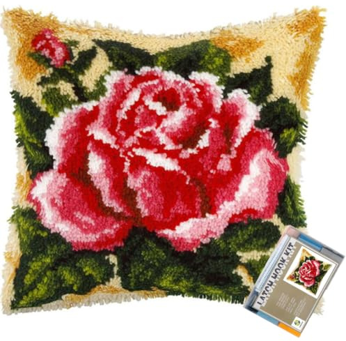 EMISTEM Latch Hook Kits for Adults - Latch Hook Pillow Kits, Crochet Yarn Kit for Beginners, DIY Needlework Crafts Cover Case with Printed Canvas, (Red Rose,17x17 inch)