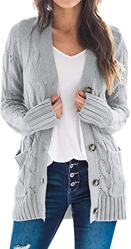 JFAN Cardigan Donna Maglia Inverno Casual Lungo Lana Cardigan con Tasche Sciolto Aperto Anteriore Bottoni Cardigan,Grigio L