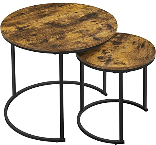 Yaheetech Round Nesting Table, Wood Coffee Table Set of 2, Sofa Side with Metal Frame for Small Space/Living Room/Reception, Rustic Brown, 60 x 60 x 50.5cm