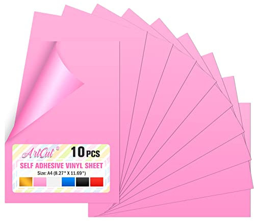 Artcut 10 Pcs Self Adhesive Vinyl Sheets, A4 Sheet Permanent Vinyl Sheets for Cups, Windows, Home Decor,Craft Projects, Waterproof Permanent Vinyl, Easy to Cut, Adhesive Vinyl (Pink)