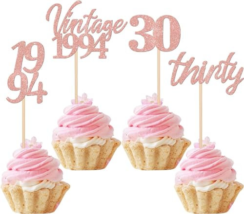 24 Stück Vintage 1994 Cupcake Toppers Glitter 30 Geburtstag Tortendeko dreißig Prost auf 30 fabelhafte Zahl 1994 Kuchendekoration für 30. Geburtstag Party Kuchen Dekorationen Rosegold