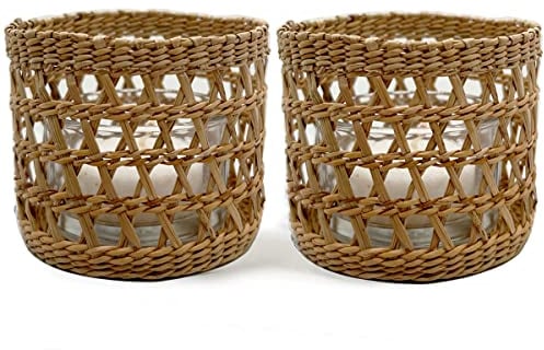 Teelichthalter aus natürlichem Rattan, gewebt, dekorativ, rustikal, Vintage-Seegras, Votivkerzenhalter für Esstisch, Küche, Dekoration, Serviertablett, 2 Stück