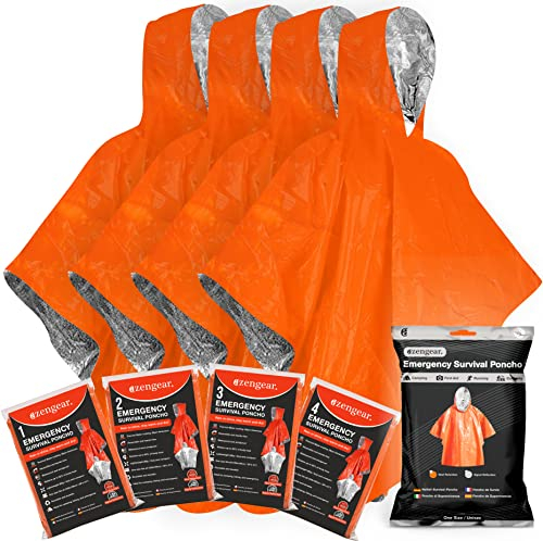 aZengear Poncho de Supervivencia (4 Piezas) Mantas térmicas de Emergencia para retención de Calor y Lluvia | Reversible con Capucha, Impermeable, Resistente al Viento | Senderismo (Naranja)