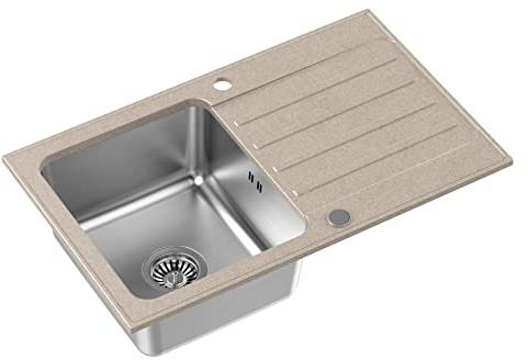 QUADRON Fregadero Beige | tamaño 78 x 48 cm | fregadero de acero inoxidable KENNETH 111 Fregadero de cocina de un seno | granito y acero inoxidable | con sifón y tapón de rosca | con escurridor