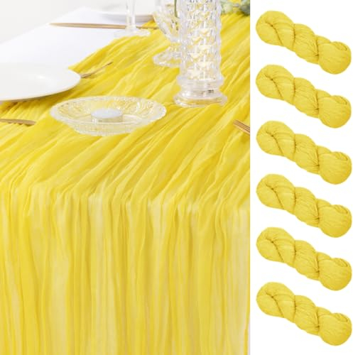 DeZerlor Confezione da 6 runner da tavola in garza gialla, 88,9 x 304,8 cm, in garza bohémien, 3,4 m, rughe, runner da tavola per matrimoni, feste di nascita, sfondi decorativi