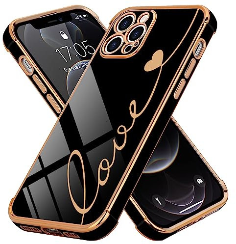 LCHULLE Designed for iPhone 12 Pro Max Case,Cute for Women Girls Luxury Plating Love Letter Golden Heart Pattern Raised Camera Protection Cover,Shockproof Silicone Phone Case 6.7 inch,Black