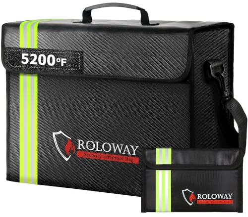 ROLOWAY Große feuerfeste Tasche, 2,871.1 °C, wärmeisoliert (43,2 x 30,5 x 14,7 cm) mit reflektierendem Streifen, feuerfeste Dokumententasche mit feuerfester Geldtasche für Geldsafe, feuerfeste sichere