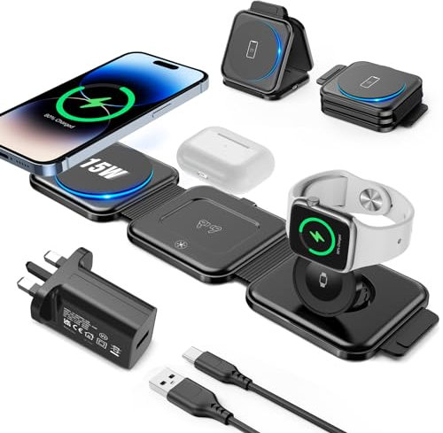 3 in 1 wireless charging station, Foldable Travel Charger Station for iPhone 16/15/14/13/12 Series, Apple Watch Charger for iWatch 10/9/Ultra 2/Ultra/8/7/6/SE/5/4/AirPods4/3/2/Pro(with 20W Adapter)