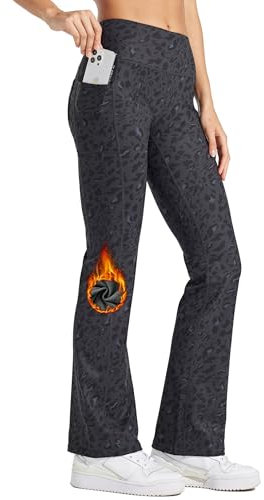 WILLIT Damen Thermo Flare Leggings Winter Fleece gefütterte Yogahose Warm Sportleggins Laufhose Bootcut Hose High Waist mit Taschen Leopardenmuster M