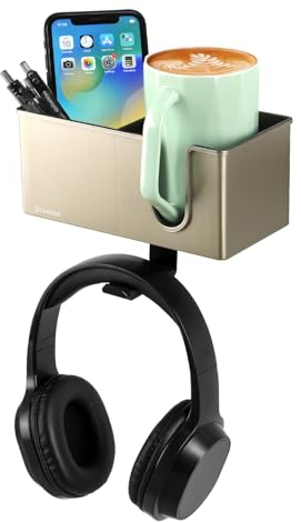 DramLan Desk Organizer with Headphone Hanger Desk Cup Holder for Storage Beverages Clip on Cup Holder Rotating Headphone Hanger and Detachable Storage (Champaign Gold)