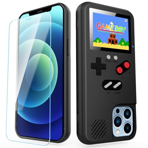 DOCOBOLO Gameboy Phone Case for iPhone 12 Pro Max with Tempered Glass Phone Screen Protector,Full Color Display 36 Retro Classic Games, Protective Cover Self-Powered (Black)