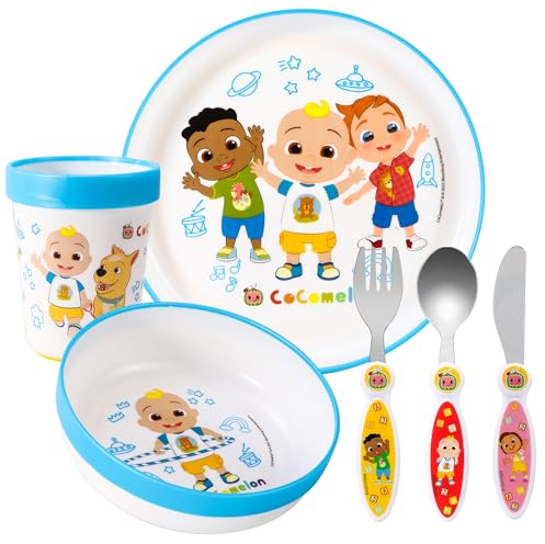 Cocomelon Kids 6 Piece Reusable Dinner Set - Plate/Bowl/Cup/Knife/Fork/Spoon - Childrens Dinnerware Tableware Cutlery Set