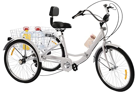 TFIANYNI 24 Zoll 7 Gang Klappbare Dreiräder Für Erwachsene, Fahrrad 3 Räder Mit Sitz Mit Rückenlehne, Becherhalter+Kotflügel+Scheinwerfer+Gemüsekorb, Einstellbare Geschwindigkeit Höhe (Weiß)