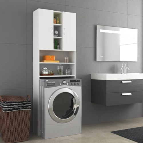 homiuse Waschmaschinenschrank Weiß 64x25,5x190 cm Waschmaschinenüberbauschrank Badschrank Waschküche Möbel mit 2 Türen / 9 Fächern Platzsparendes Modisches Design Robust & Langlebig