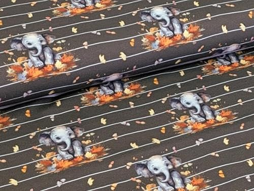 Eigenproduktion Baumwolljersey Elefant mit Schmetterling auf Braun Stoff Meterware Kleiderstoff