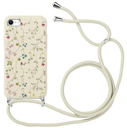 Xylota Handykette Handyhülle für iPhone 8/7/SE 2020/SE 2022 4,7 Hülle mit Band, Einstellbar zum Umhängen Kordel Aesthetic Case mit Muster Blumen, Weich TPU Silikon Stoßfest Schutzhülle Cover,Beige