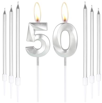 mciskin Silver 50 Birthday Candles-3D Number 50 Candle for Cake with 6pcs Long/Thin Candles Set,Silver Cake Topper for Women Men 50th Birthday Decorations Supplies,50th Wedding Anniversary Décor