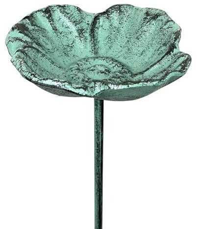 L'Héritier Du Temps Bain Oiseau sur Tige Abreuvoir en Fonte à Planter Mangeoire en Fonte Patinée Vert Clair Tuteur Jardin 14x14x95cm