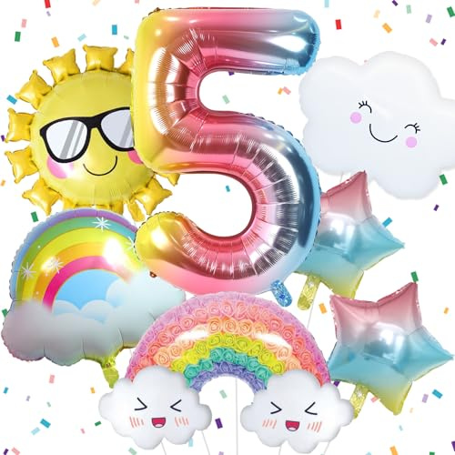 Luftballon Regenbogen für Mädchen 5. Geburtstag Dekoration Regenbogen Sonne Folie Luftballon Regenbogen Sterne und Zahl 5 Folienballon für Geburtstagsdeko Mädchen 5 Jahr Regenbogen Thema Party Deko