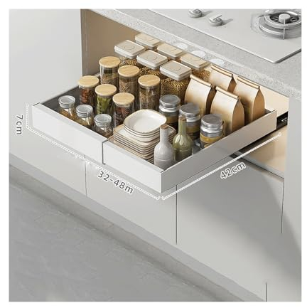 Awoyep Teleskopschublade, Ausziehbarer Schrank Organizer Erweiterbar Ausziehbare Schubladen Aufbewahrungsregale für Küchenschränke, Ausziehbare Schublade, Kein Bohren (Color : 32-48cm x 42cm x 7cm,