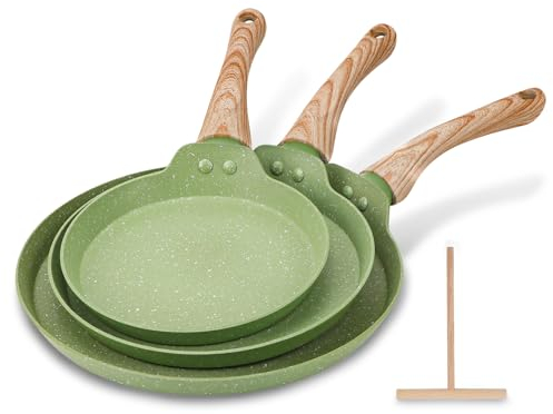 Justup Antihaft Bratpfannen Set, 3-teiliges Induktions-Boden-Bratpfannen-set mit Spreizspatel, 18cm, 22cm und 26cm Topf und Pfannenset, Crepe Pfanne Omlett Pfanne Antihaftpfanne (Grün)