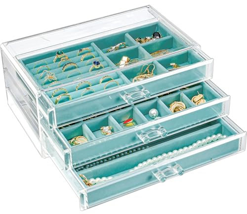 ProCase Transparent Schmuckorganizer Acryl Stapelbar Schmuck Organizer Durchsichtig Schmuckaufbewahrung Schmuckkästchen für Ohrringe Halsketten Ringe für Frauen Mädchen -Aqua, 3 Etagen, M