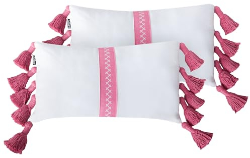 Beliani Dekokissen 2er Set Baumwolle rosa/weiß mit Quasten 30 x 50 cm Lovely