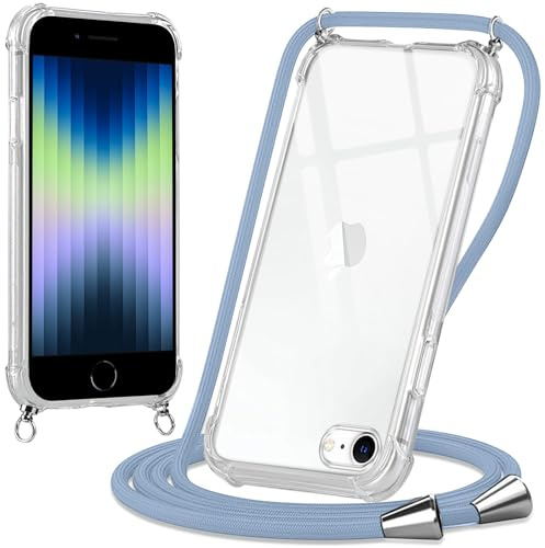 Oelrstfe Funda para iPhone 8/iPhone SE 2020/iPhone 7/SE 2022 con Cuerda, Transparente TPU Suave Silicona Carcasa con Correa Colgante Ajustable Collar para iPhone 8, Azul