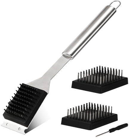 16.5” Grill Brush and Scraper with 2 Brush Replacements & 1 Screwdriver, Wire BBQ Grill Brush for Outdoor Grill, 304 Stainless Steel Cleaning Brush BBQ Grill Accessories