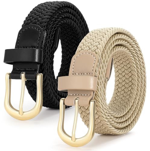 VONMELLI 2 Packungen taillengürtel damen stretchgürtel damen Herren, flechtgürtel damen Verstellbarer Elastischer Stoffgürtel für Unisex 2.5cm Länge 90 cm bis 120 cm Schwarz+Khaki S