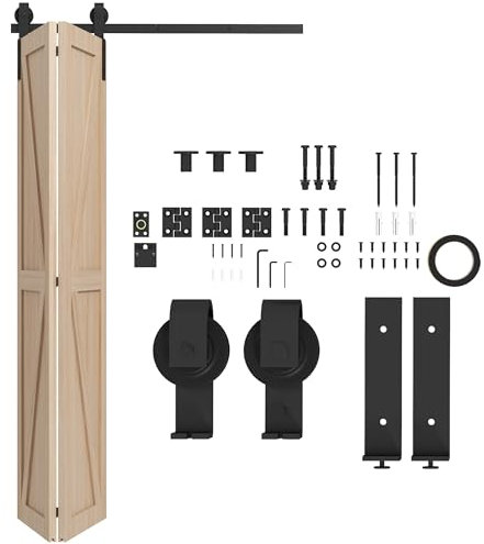 HOMCOM 122 CM Quincaillerie de porte coulissante pliante kit de rails de porte coulissante pliable en acier systeme de porte de grange pour 2 portes avec cintre en forme de J - noir